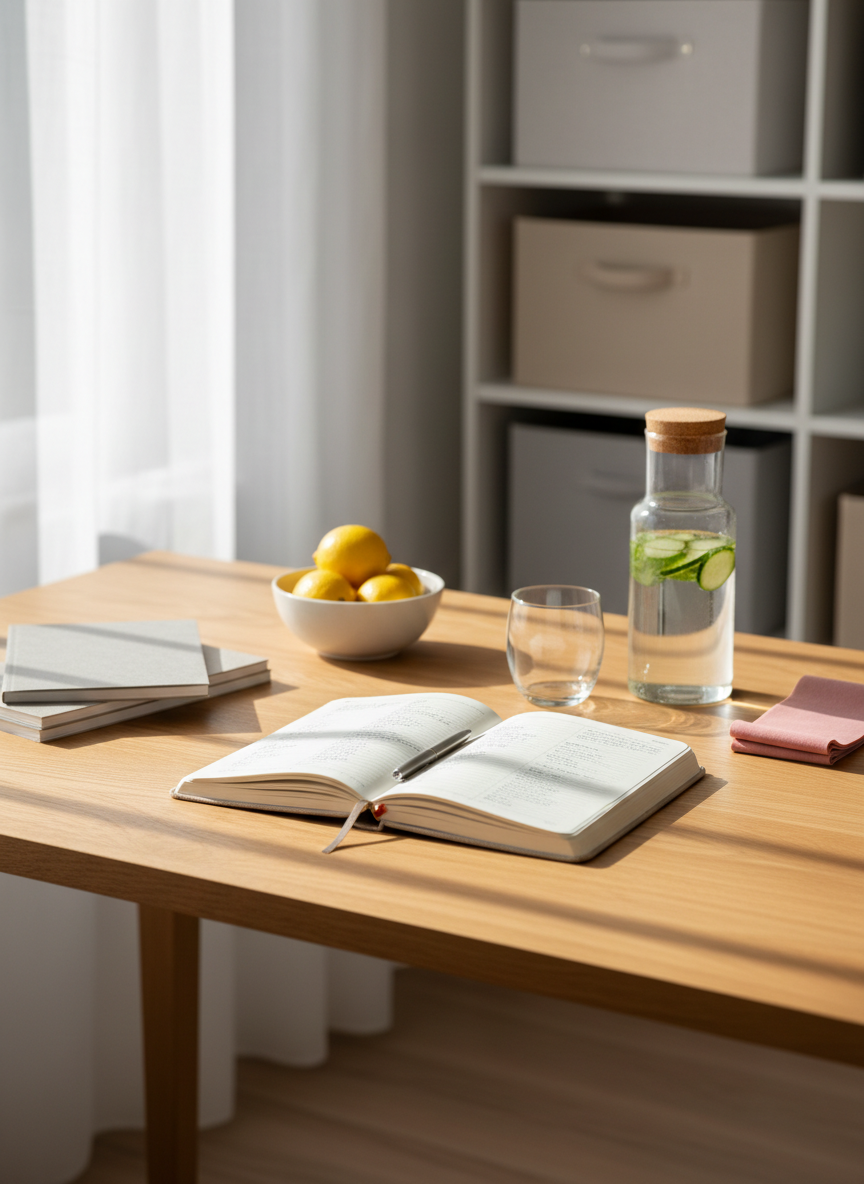 A meticulously organized wooden writing desk in a calm, sunlit home office, topped with an open linen-covered wellness journal, a glass carafe of infused cucumber water, and a neatly folded pair of rose-toned resistance bands. A ceramic bowl with fresh lemons and a small stack of eco-friendly, recycled-paper notebooks sits to one side. Soft morning light filters through sheer white curtains, casting delicate, elongated shadows across the smooth oak surface. Photographed at eye level with a shallow depth of field, the background fades into a minimalist bookshelf with neutral-toned storage boxes. The atmosphere is serene, sophisticated, and intentional, with clean, photographic realism that suggests a conscious, balanced lifestyle rooted in routine and reflection.