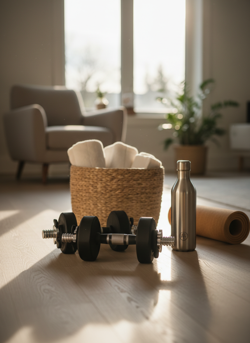 A set of sleek, matte black adjustable dumbbells resting on a pale oak floor beside a carefully rolled sand-colored yoga mat and a stainless-steel insulated water bottle with a subtle logo. In the background, a woven seagrass basket holds neatly folded organic cotton towels and a cork foam roller. Late afternoon sunlight pours through a nearby window, casting warm, diagonal light beams that create gentle highlights on the metal and soft shadows on the floor. Captured from a low, slightly angled perspective, the composition emphasizes the equipment in the foreground while the room dissolves into a softly blurred, neutral-toned living space. The atmosphere is sophisticated, disciplined, and calm, with clean photographic realism that reflects a refined home gym corner for conscious movement.