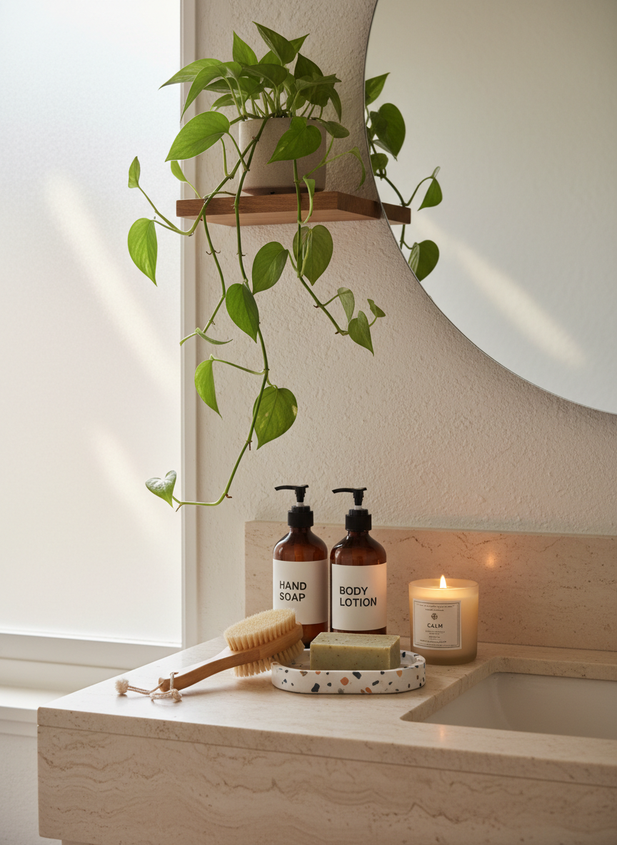 A meticulously curated bathroom vanity in light stone, featuring an arrangement of eco-friendly self-care products: amber glass pump bottles with minimalist labels, a bamboo-handled dry brush, a bar of handcrafted soap on a terrazzo dish, and a small soy candle in a frosted glass jar. A potted trailing plant cascades gently from an upper shelf, adding a touch of lush greenery. Diffused daylight from a frosted window creates a soft, even glow, with subtle reflections in a frameless mirror behind. Photographed straight-on with moderate depth of field, the composition is balanced yet slightly asymmetrical to feel lived-in but elevated. The mood is quietly luxurious, clean, and conscious, rendered in photographic realism to embody sophisticated, sustainable wellness rituals.