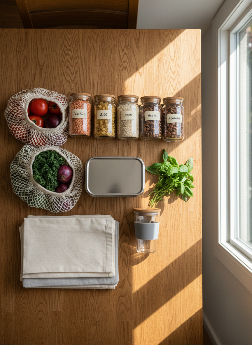 A neatly arranged reusable shopping haul spread across a warm wooden dining table: organic produce in mesh cotton bags, pantry staples in glass jars with handwritten labels, and a small stack of folded, neutral-toned canvas totes. A stainless-steel lunch box and a glass coffee tumbler with a bamboo lid sit prominently in the center, suggesting a prepared, on-the-go lifestyle. Soft midday light enters from the side, illuminating the natural textures of fabric, wood, and fresh greens while casting gentle, diffuse shadows. Captured from a bird’s-eye view with sharp focus throughout, the composition feels orderly yet approachable. The atmosphere is optimistic and intentional, with clean, photographic realism conveying eco-conscious living woven seamlessly into everyday routines.