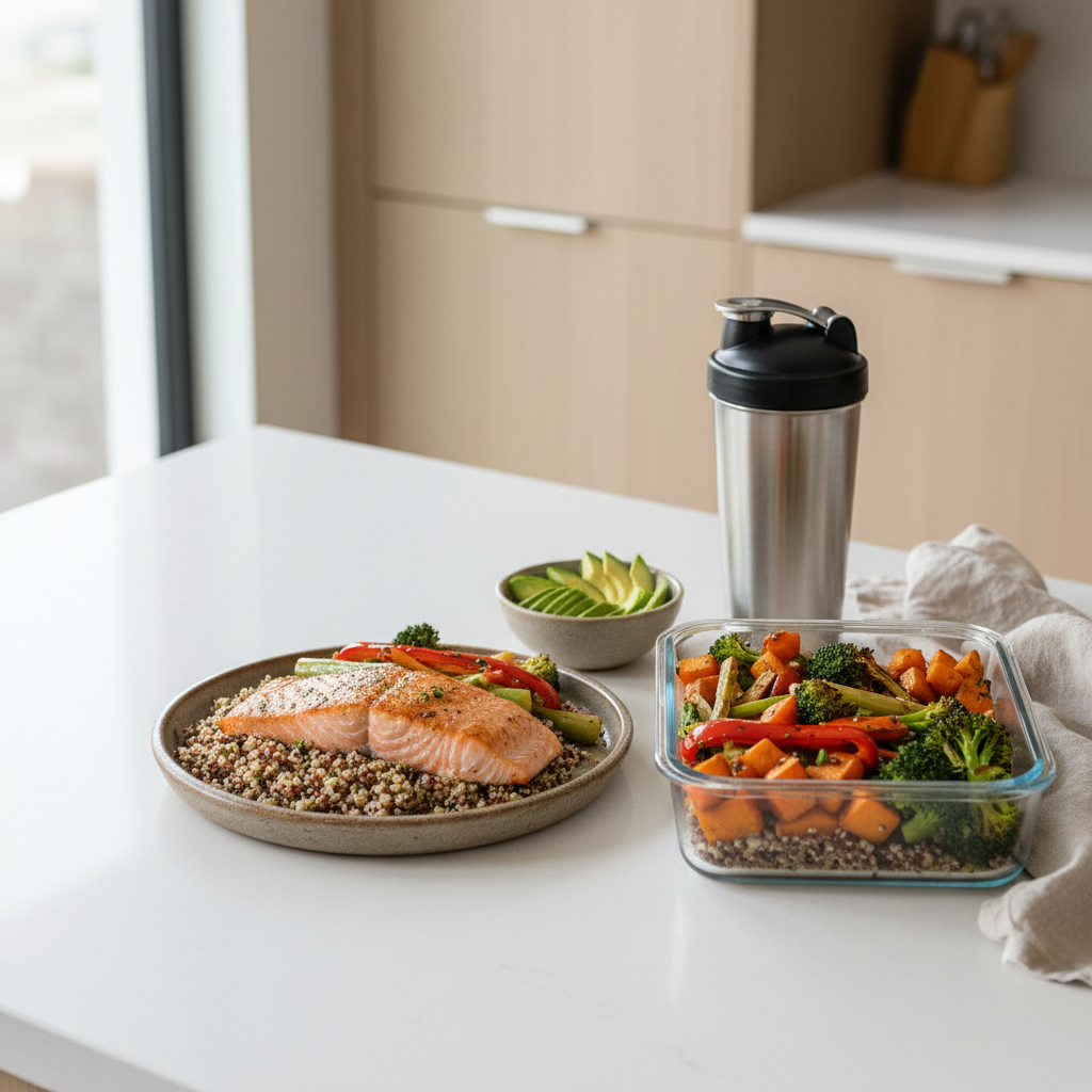 A pristine, modern kitchen countertop in matte white quartz, arranged with a thoughtfully plated macro-balanced meal: grilled salmon on a bed of quinoa, vibrant roasted vegetables, and a small side dish of sliced avocado, all on a simple stoneware plate. Nearby, a glass storage container with prepped, neatly stacked meal portions and a stainless-steel shaker bottle rest on a folded flax-colored linen napkin. Natural daylight streams in from a large window, creating soft, directional light that highlights the textures of the food without harsh shadows. Shot from a slightly elevated angle with rule-of-thirds composition, the background reveals blurred, minimalist cabinetry in warm beige tones. The mood is clean, aspirational, and grounded in photographic realism, emphasizing mindful, gym-focused nutrition and everyday elegance.